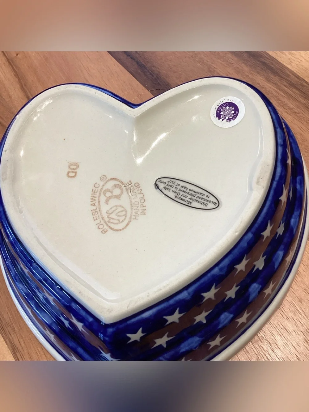 Boleslawiec Polish pottery heart shaped bowl w stars Hand Made Like New